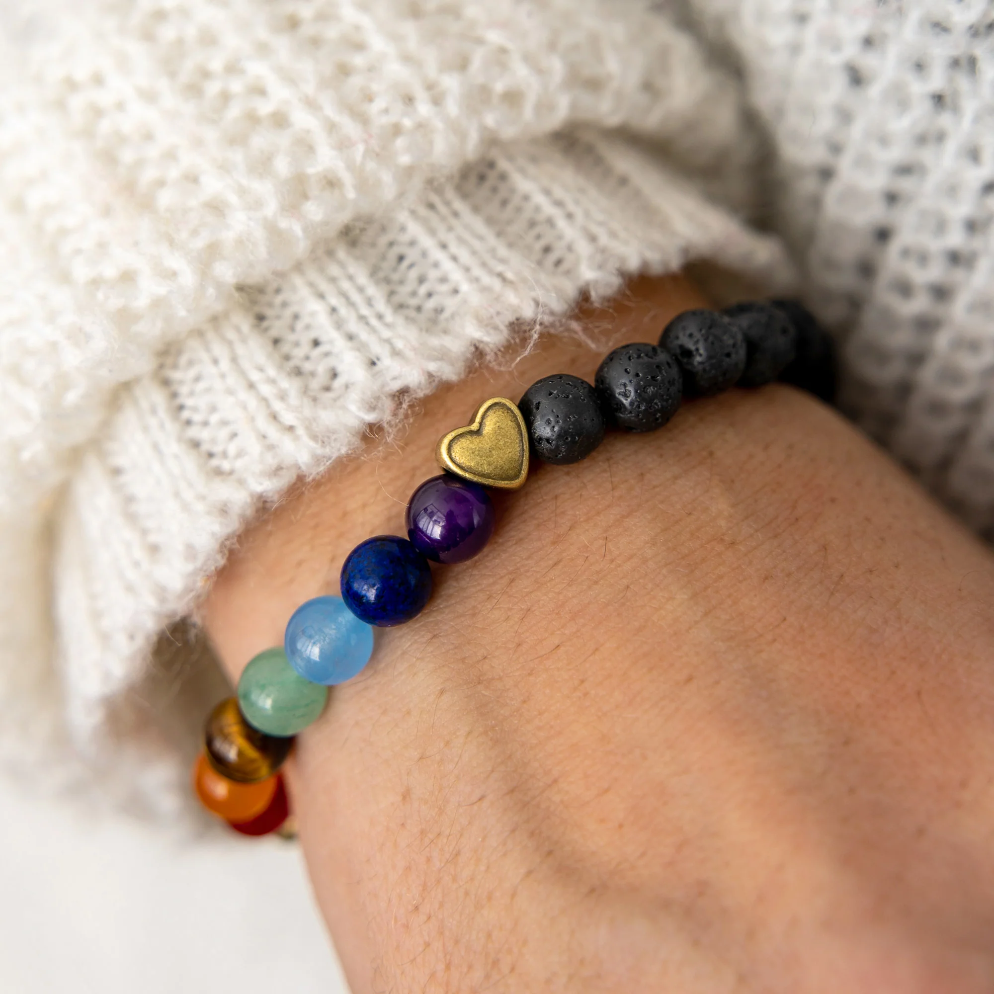 Black Lava Bead with Rainbow Stones Bracelet - Image 4